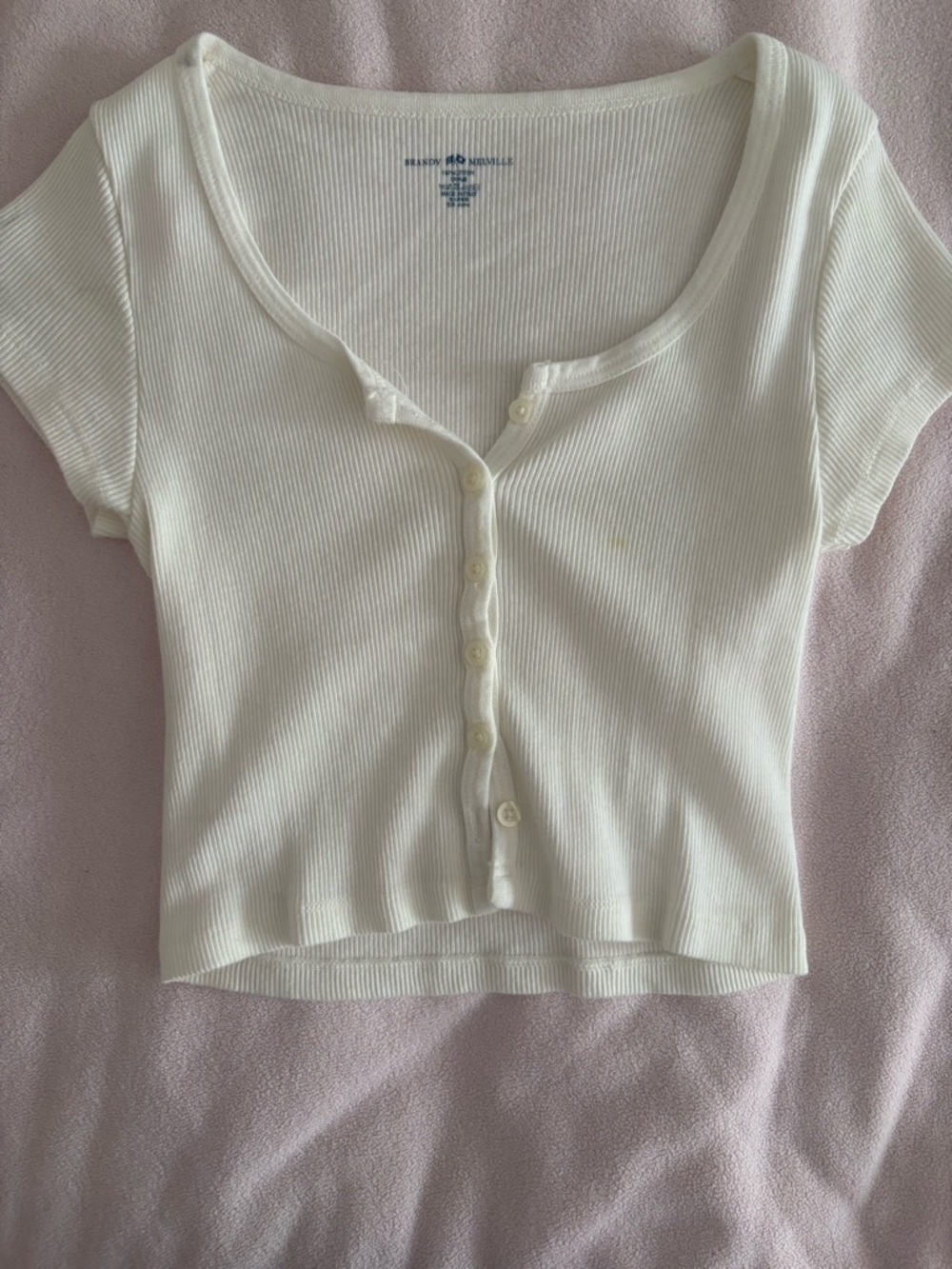 Brandy Melville White Ribbed Button-Front Short Sleeve Top